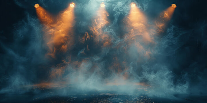 empty dark stage with spotlights , fog and smoke in the air, for opera performance. Stage lighting. Empty stage with bright colors backdrop decoration. Entertainment. empty theater stage with light	