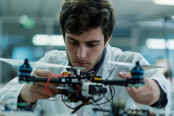 Young engineer focused on assembling and configuring drone technology in a modern lab