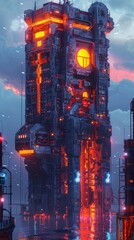 A tall science fiction tower with a large glowing orange window surrounded by a futuristic city.