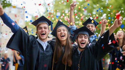 A group of students are celebrating graduation, wearing togas full of joy - obrazy, fototapety, plakaty