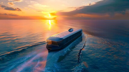 Solar-Powered Cargo Vessel Navigating Ocean Waves at Sunset: A Vision of Sustainable Marine Transportation - obrazy, fototapety, plakaty