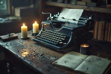 Writer's desk with vintage typewriter, manuscript pages, candlelight and moody romantic era