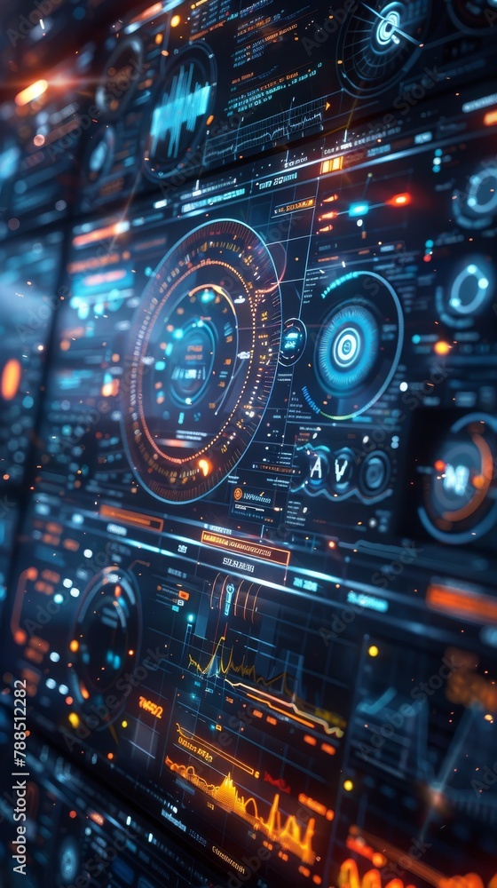 Poster the image is a futuristic control panel. it has many buttons, lights, and other controls. the panel 