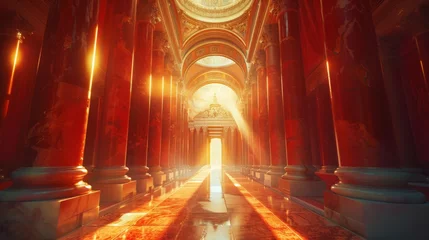 Deurstickers A long hallway with red marble columns and a bright light at the end © Pornarun