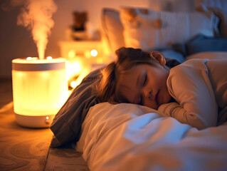 The child is sleeping peacefully, an air purifier is running in the background