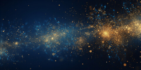 Background of golden particles on blue background. - obrazy, fototapety, plakaty