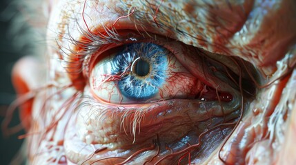 Close-up of a blue eyeball with visible veins and capillaries.