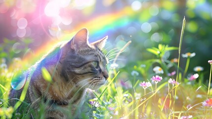 Feline Contentment: A Cat Peacefully Eating Grass Under a Rainbow in a Lush Garden - obrazy, fototapety, plakaty