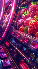 Candy-coated strawberries and cherries spill out of a slot machine. - obrazy, fototapety, plakaty