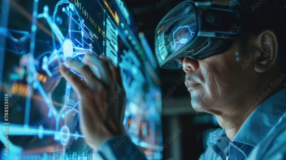 Aufkleber close-up of an asian engineer using virtual reality to analyze data