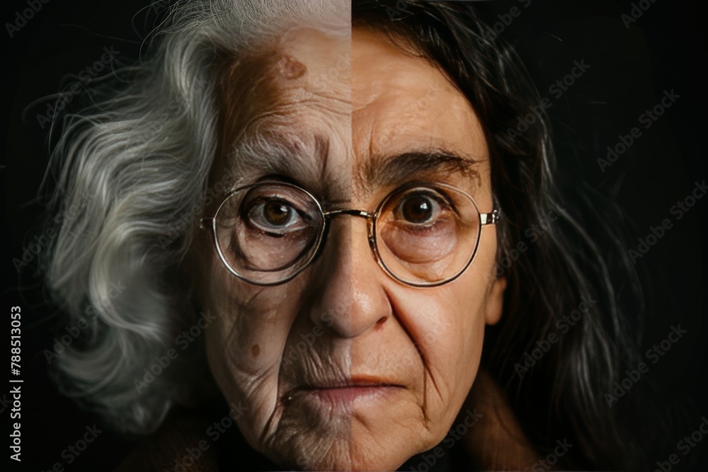 Poster half portraits of aging science: visualizing the effectiveness of dual skincare and healthy aging st