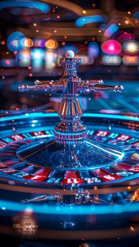 A closeup of a spinning roulette wheel in a casino with a blurred background.