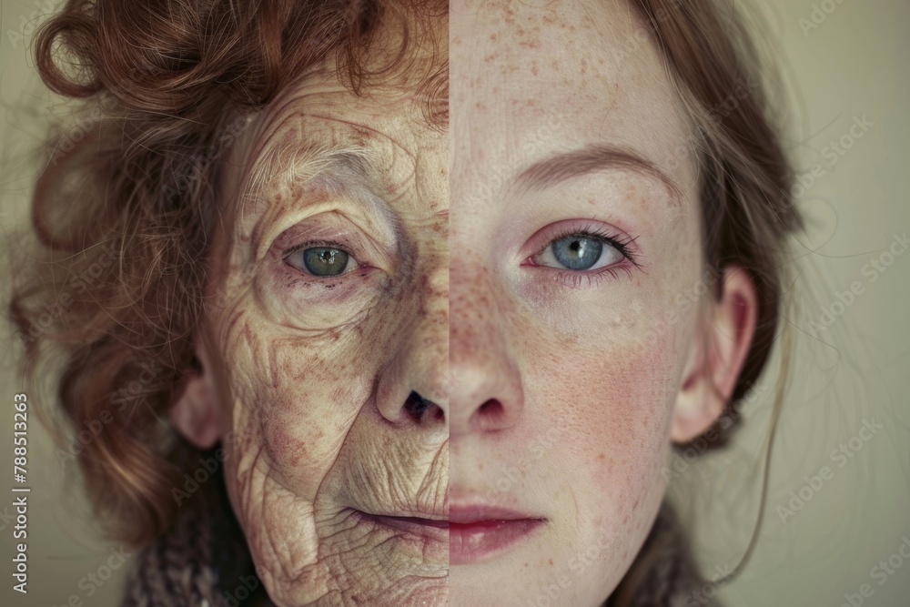 Poster portraits of aging science: showcasing age diversity through dual skincare techniques and visible ag
