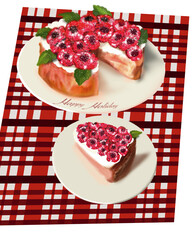 raspberry cake of tasty sweet with mint leaves on plate and red Checkered cloth cute