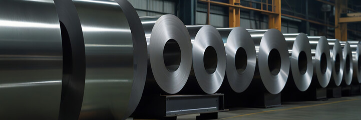 Closeup of Industrial Manufacturing Concept, Rolls of Sheet Metal in a Factory, Rolled Steel in a Production Plant setup, bulk - obrazy, fototapety, plakaty