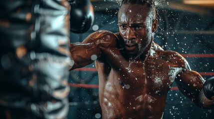 A boxer trains intensely, throwing punches at a bag or shadowboxing with focus and precision, showcasing  empowering workout of boxing training for both strength and cardiovascular fitness.