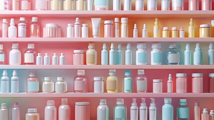 Pink and white gradient background with shelves of various beauty products.