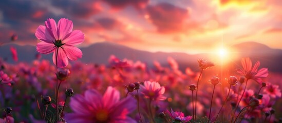 Sunset scenery featuring a stunning field of pink and red cosmos flowers against a natural...