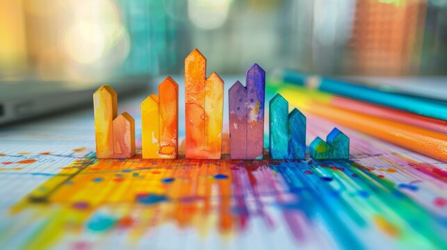 3D illustration of colorful wooden blocks painted in rainbow colors