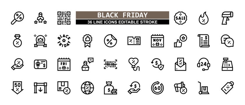 36 Black Friday Line Icons Set Pack Editable Stroke Vector Illustration.