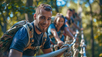 A group of colleagues participates in a team-building ropes course challenge, navigating obstacles and encouraging each other to overcome fears and build trust through physical activity.