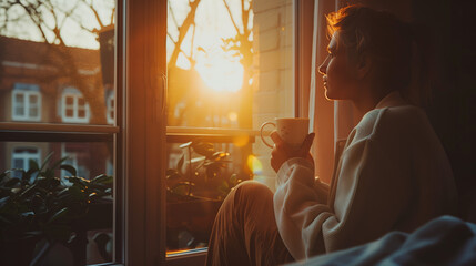 A person sits by a window, cradling a cup of coffee or tea, their face illuminated by soft morning light, radiating contentment and tranquility as they begin their day. - obrazy, fototapety, plakaty