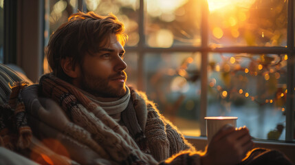 Fototapeta premium A person sits by a window, cradling a cup of coffee or tea, their face illuminated by soft morning light, radiating contentment and tranquility as they begin their day.