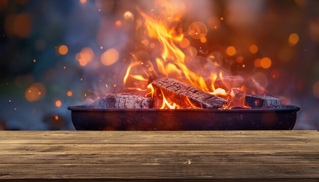 barbecue BBQ grill with flaming fire and ember charcoal on blurred background outdoors, wooden table