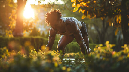 A person sweats it out in an outdoor workout session, surrounded by nature and fresh air as they jog, do push-ups, or stretch in a park, benefits of outdoor fitness activities.