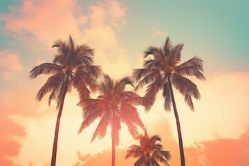 Serene Retro palm beach sky. Sunrise island. Generate Ai