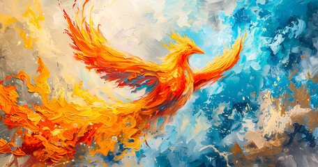 abstract painting of a burning phoenix bird flying in a blue sky full of clouds. abstract background. Phoenix fire wallpaper