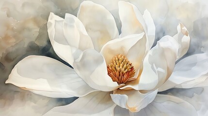 Detailed watercolor of a magnolia bloom, centered on white