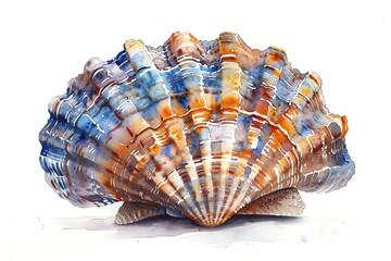 Detailed watercolor of a seashell, central, on a white background