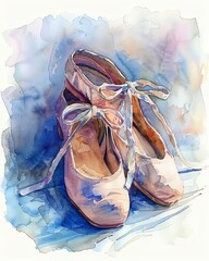 A pair of ballet slippers in watercolor, tied, on a white background
