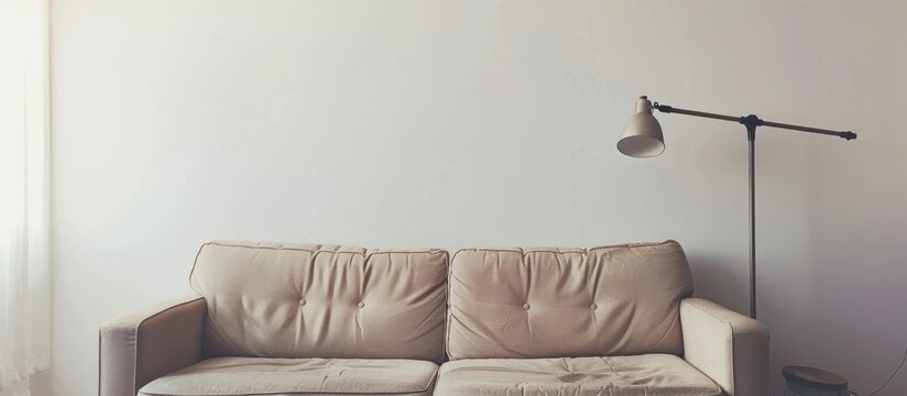A beige couch is placed against a white, bare wall with room for text in a modestly decorated living room, featuring a lamp.