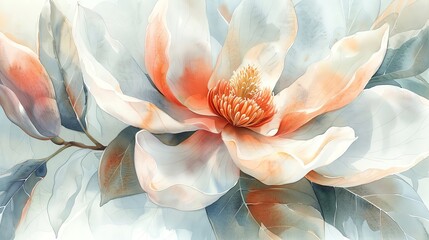 Fototapeta premium Detailed watercolor of a magnolia bloom, centered on white
