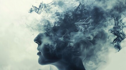 Portrait of a woman with smoke flowing from her head. The smoke is dark and billowy, and it surrounds her head like a cloud.
