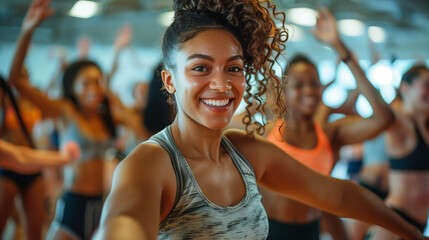 Enthusiastic individuals join a dance fitness class, moving to the rhythm of upbeat music and dynamic choreography, experiencing the joy and exhilaration of movement and activity.