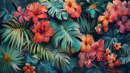 Bring the beauty of nature indoors with a traditional watercolor painting featuring a close-up eye-level angle of intricate tropical art patterns Highlight the delicate details of palm leaves and exot