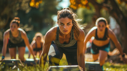Fitness enthusiasts challenge themselves with an outdoor bootcamp workout, their determination evident as they tackle bodyweight exercises, agility drills, and strength challenges in a park
