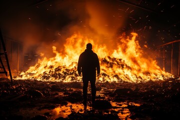 rear view, a man looks at a pile of burning garbage at night
