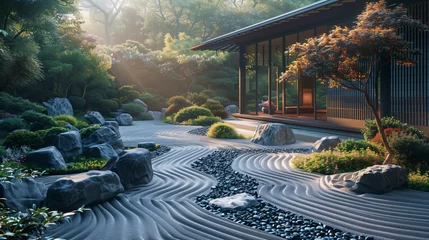 Fotobehang In a meticulously designed Zen garden, smooth stones and carefully placed foliage create a harmonious atmosphere of serenity and balance © P