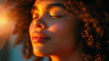 Lost in the melody, someone listens to music with closed eyes and a relaxed expression, experiencing deep contentment and joy in the harmonious sounds.