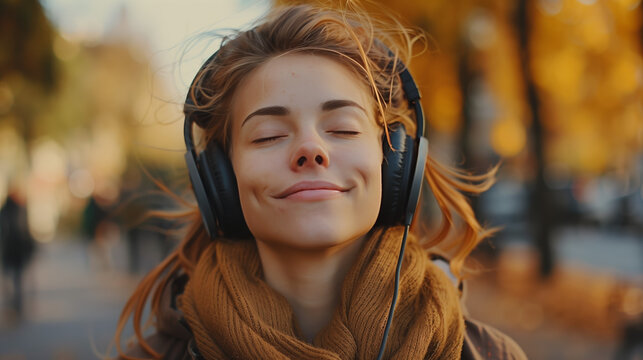 Lost in the melody, someone listens to music with closed eyes and a relaxed expression, experiencing deep contentment and joy in the harmonious sounds.