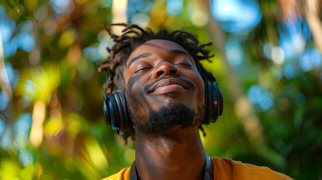 Lost in the melody, someone listens to music with closed eyes and a relaxed expression, experiencing deep contentment and joy in the harmonious sounds.