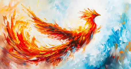 abstract painting of a burning phoenix bird flying in a blue sky full of clouds. abstract background. Phoenix fire wallpaper