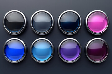 3d render of a set of buttons on a dark background.