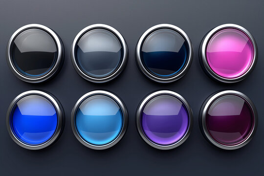 3d render of a set of buttons on a dark background.