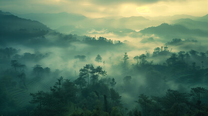 Obraz premium Shrouded in morning mist, a serene landscape emerges with trees and hills rising from the haze, creating a sense of mystery and tranquility in the early hours.