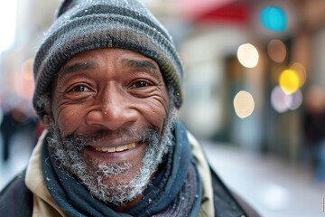 A smiling homeless man with a frosty beard wearing a knit cap and layered clothes.